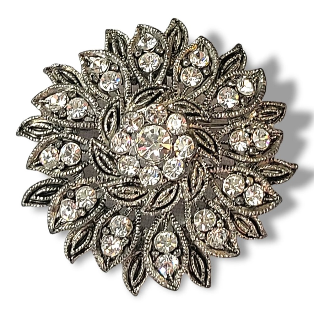 Cushion Brooch Retro Design Antiqued Silver Tone Faux Diamo…